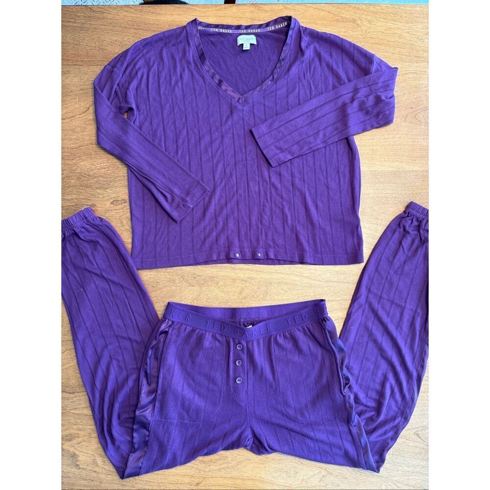Ted Baker Womens V-Neck Ribbed Top Jogger Pants Loungewear Set Plum Purple Small